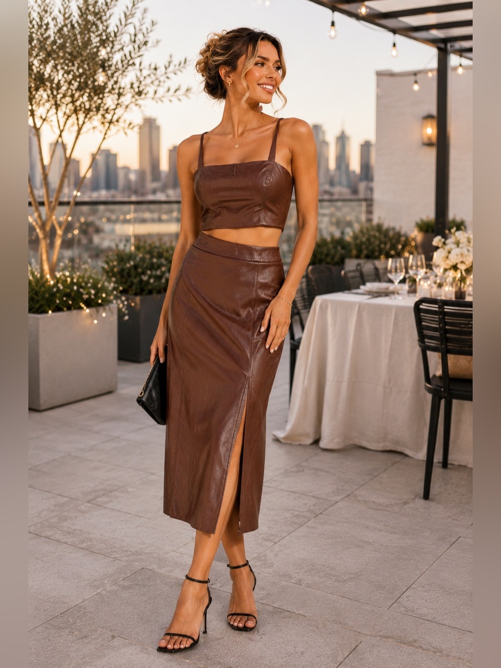 Jason Wu Faux Leather Two Piece Set Brown Midi Skirt & Crop Top